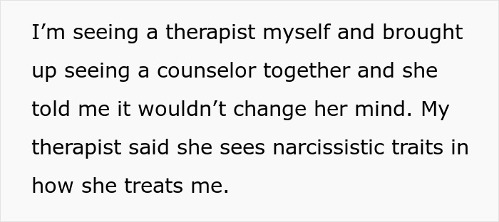 An excerpt where a husband mentions his therapist seeing narcissistic traits in his wife, hinting at divorce. An excerpt where a husband mentions his therapist seeing narcissistic traits in his wife, hinting at divorce.