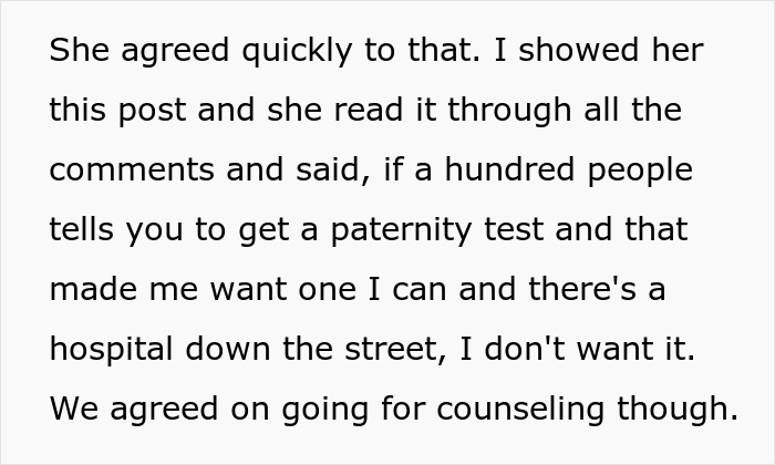 Screenshot detailing the wife's agreement to counseling after hiding money from hubby. Screenshot detailing the wife's agreement to counseling after hiding money from hubby.