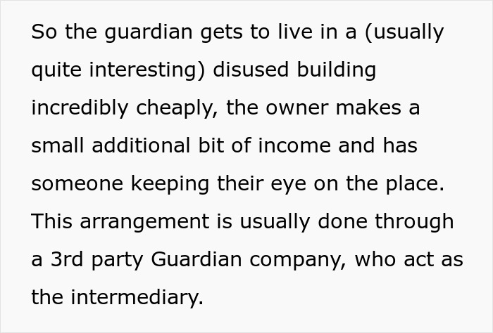Text snippet: Landlord and pub tenant discussing cheap living arrangements in a disused building with a guardian company. Text snippet: Landlord and pub tenant discussing cheap living arrangements in a disused building with a guardian company.