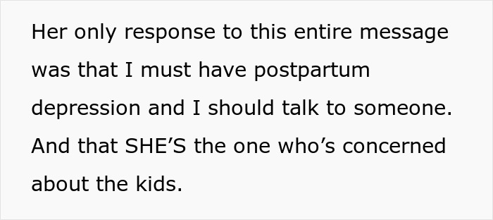 Text about postpartum depression and concerns about children from in-laws