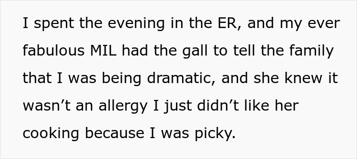 Text snippet about spending the evening in the ER while MIL thinks shellfish allergy is fake and dramatic. Text snippet about spending the evening in the ER while MIL thinks shellfish allergy is fake and dramatic.