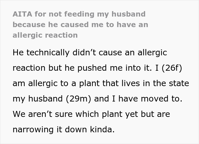 Text from a post by a woman who refuses to cook for her husband after he pressured her to rake despite her allergy.