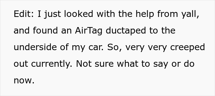 A Reddit post edit about finding an AirTag duct taped to the underside of a car