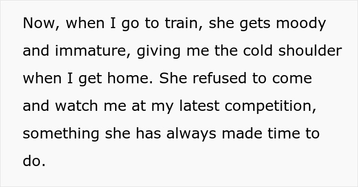 Text about woman giving cold shoulder when fiancé trains martial arts Text about woman giving cold shoulder when fiancé trains martial arts