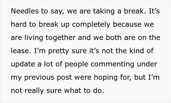 A screenshot with text explaining a GF and BF taking a break after the GF refused to drive drunk women. A screenshot with text explaining a GF and BF taking a break after the GF refused to drive drunk women.