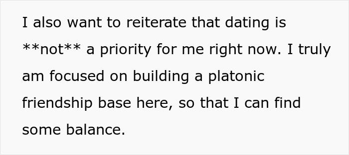 Screenshot of text emphasizing platonic friendship over dating, related to a friend needing a hot GF and a weight-loss coach. Screenshot of text emphasizing platonic friendship over dating, related to a friend needing a hot GF and a weight-loss coach.