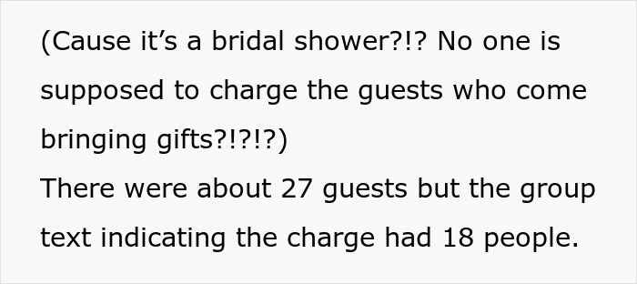 Text questioning charging guests for a bridal shower and noting discrepancy in guest count for the charge.