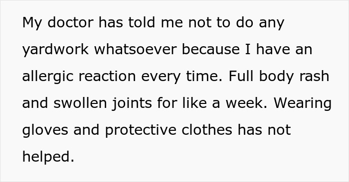 Text from a post where a woman describes doctors orders not to do yardwork due to her severe allergy to raking.