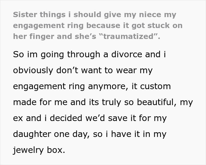 Text detailing a 14YO girl getting an engagement ring stuck and her mother's claim of property.