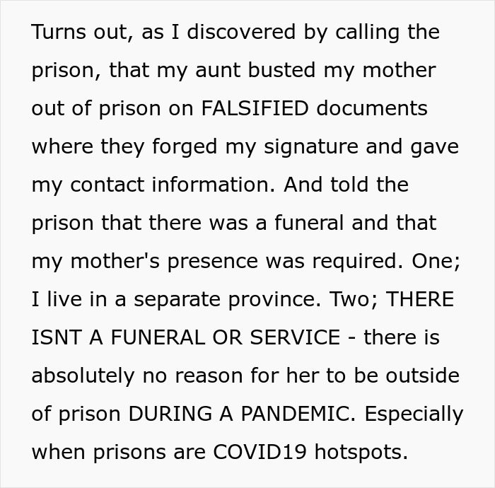 Text revealing the aunt busted mother out of prison using falsified documents, central to the prison break plot. Text revealing the aunt busted mother out of prison using falsified documents, central to the prison break plot.