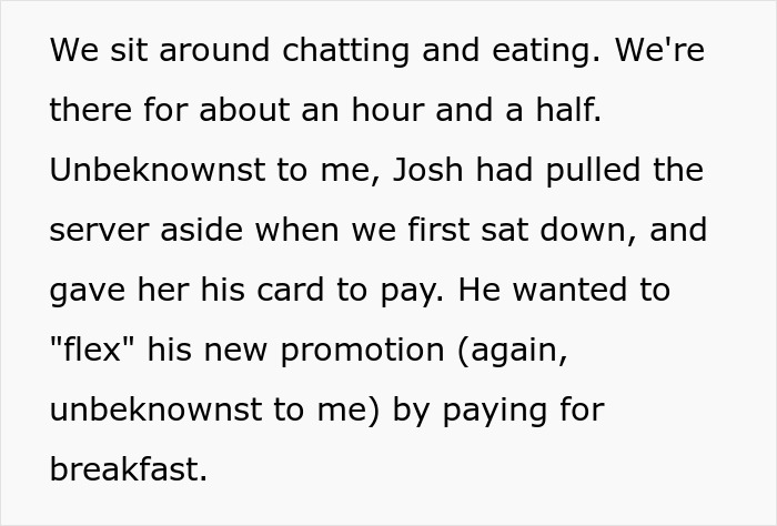 Text explaining BIL secretly paid for breakfast to flex new promotion, then blamed for expensive food. Text explaining BIL secretly paid for breakfast to flex new promotion, then blamed for expensive food.