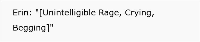 Screenshot of text reading, Erin: [Unintelligible Rage, Crying, Begging]. Erin's reaction to the petty revenge.