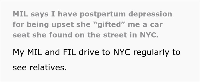 Text about postpartum depression and in-laws gifting a street-found car seat in NYC