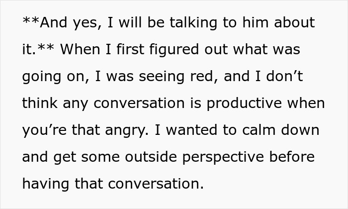 A screenshot of text about a wife separating finances and husband's spending, detailing anger and planned conversation.