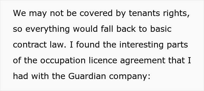 Text explaining contract law and occupation licence agreement regarding landlord disputes. Text explaining contract law and occupation licence agreement regarding landlord disputes.