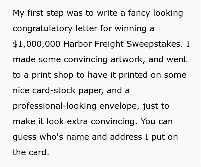 Text describing the first step of petty revenge: creating a fake sweepstakes letter. Text describing the first step of petty revenge: creating a fake sweepstakes letter.