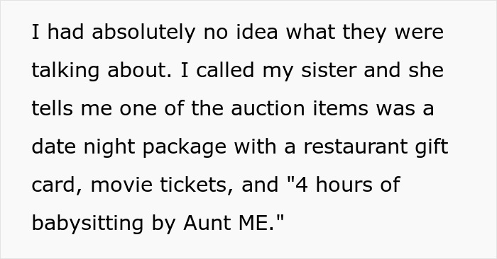 Text about auctioning 4 hours of babysitting by aunt ME in a date night package