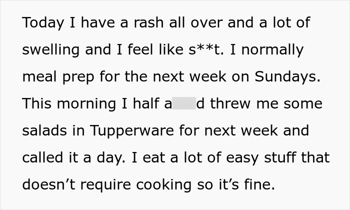 Woman refuses to cook for her husband, explaining her rash and swelling after raking due to allergy.