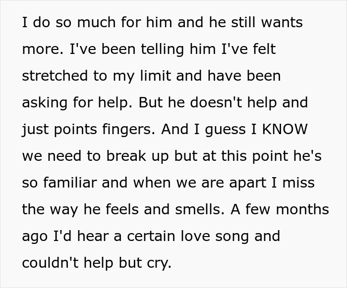A black text on white background explaining the struggle of wanting to break up with a jobless BF.