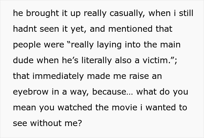 Text about guy casually discussing the movie Obsession and victim debate