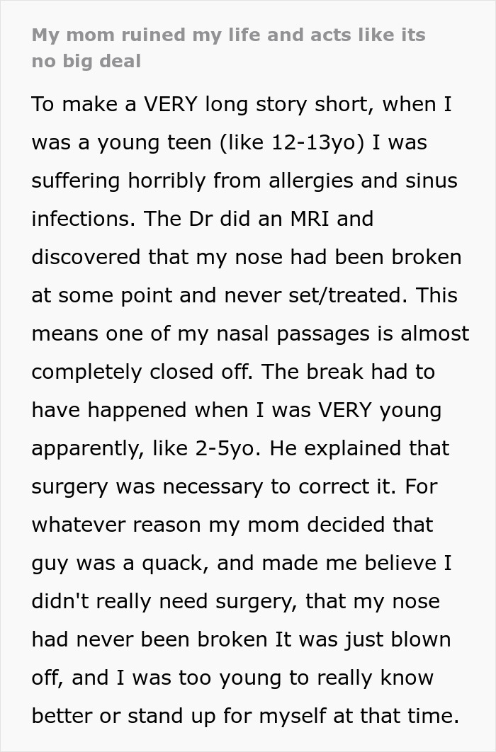 Daughter Can't Breathe, Smell, Or Forgive After Mom Hid Her Childhood Injury For Years Daughter Can't Breathe, Smell, Or Forgive After Mom Hid Her Childhood Injury For Years