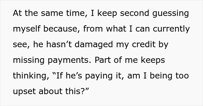 Text about second-guessing being upset over husband's spending, as credit isn't damaged.