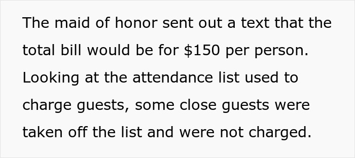 Screenshot of text showing MOH charging guests $150 for the bridal shower, excluding some.
