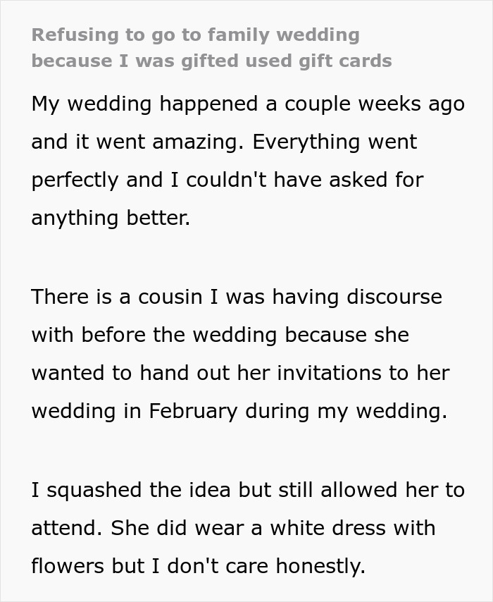 Screenshot of text about wedding drama involving a cousin and used gift cards.