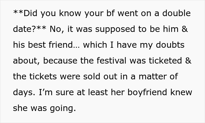 GF's update: the user discusses her boyfriend's double date with the two drunk women. GF's update: the user discusses her boyfriend's double date with the two drunk women.