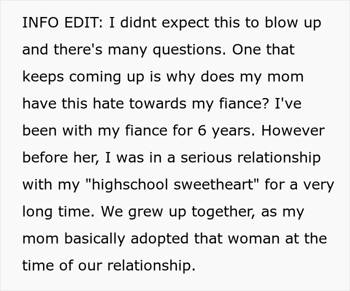 Text explaining mom's hate towards son's fiancée and past relationship with high school sweetheart Text explaining mom's hate towards son's fiancée and past relationship with high school sweetheart