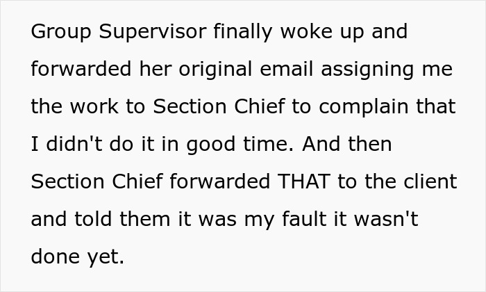 Screenshot showing supervisors trying to make an employee look bad by complaining she didn't do work in time. Screenshot showing supervisors trying to make an employee look bad by complaining she didn't do work in time.