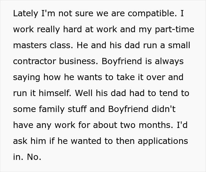 Text post explaining how a jobless bf refused to submit work applications.
