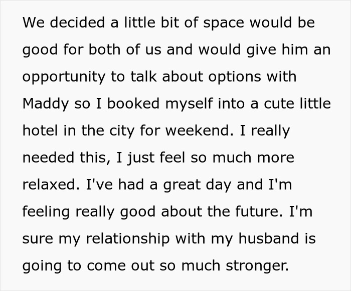 Text describing a woman taking a weekend break to relax and strengthen her relationship with her husband. Text describing a woman taking a weekend break to relax and strengthen her relationship with her husband.