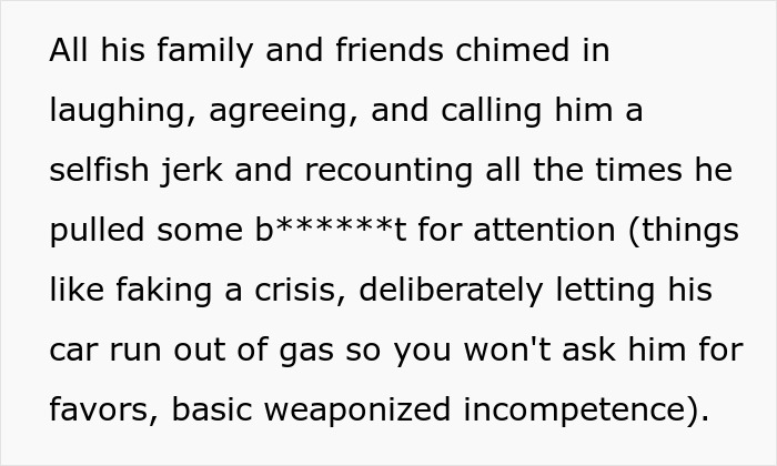 A screenshot of text describing how family and friends laugh at a groom, calling him a selfish jerk. A screenshot of text describing how family and friends laugh at a groom, calling him a selfish jerk.