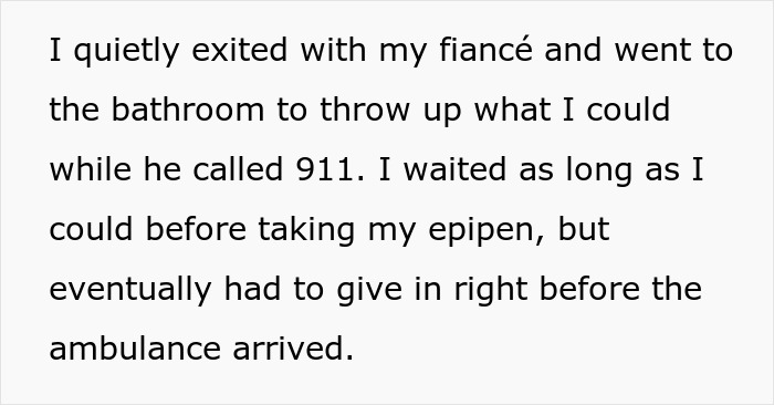 Text snippet about exiting quietly with fiancé to throw up and calling 911 for a shellfish allergy. Text snippet about exiting quietly with fiancé to throw up and calling 911 for a shellfish allergy.