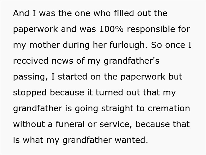 Text explaining the responsibility for mother's furlough and the passing of a grandfather, a detail in the prison break story. Text explaining the responsibility for mother's furlough and the passing of a grandfather, a detail in the prison break story.