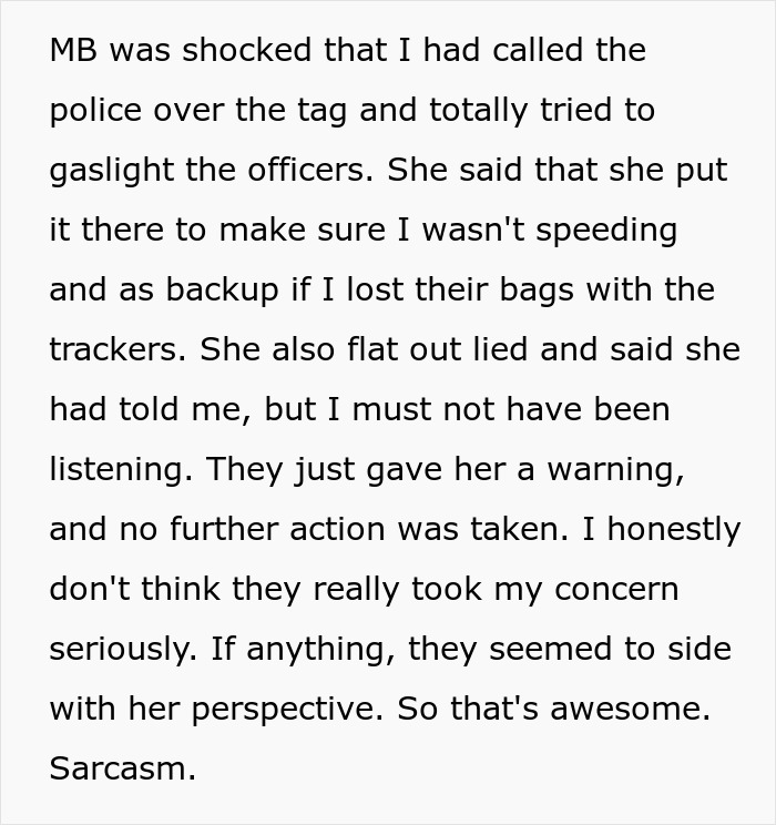 A social media post about a nanny who called the police after finding an AirTag tracking her car