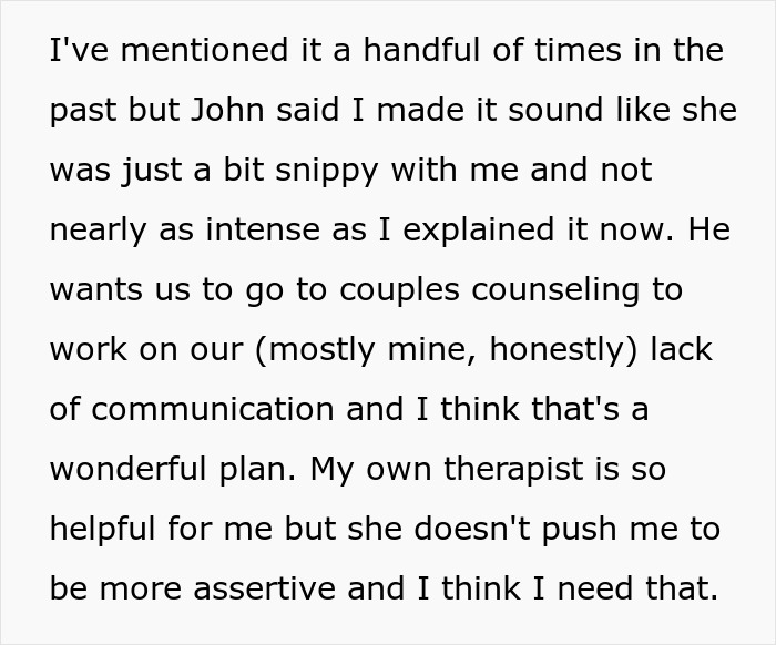 Text describing a woman and her husband considering couples counseling to address communication regarding her adult stepdaughter. Text describing a woman and her husband considering couples counseling to address communication regarding her adult stepdaughter.