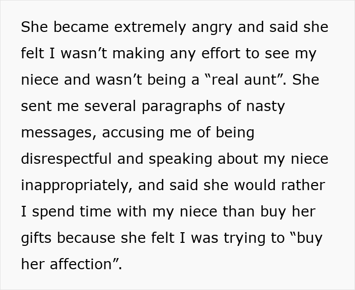 A screenshot of text about a woman being called a bad aunt for not making enough effort for her stepsister's kid.
