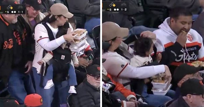 A Giants Game Camera Finds Mom Carrying Baby And Food, But The Dad Sitting Nearby Gets Attention