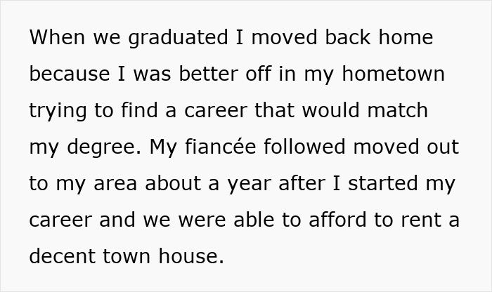 Screenshot of text describing the man's career path and his fiancée moving out to his area. Screenshot of text describing the man's career path and his fiancée moving out to his area.