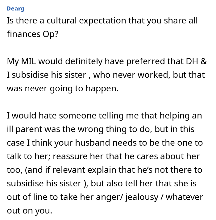 A screenshot of a comment from Dearg discussing MIL's anger about finances, suggesting the husband address his mother's expectations about money. A screenshot of a comment from Dearg discussing MIL's anger about finances, suggesting the husband address his mother's expectations about money.