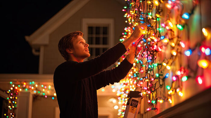 Man hanging Christmas lights, a common activity that can lead to serious issues if not done carefully.