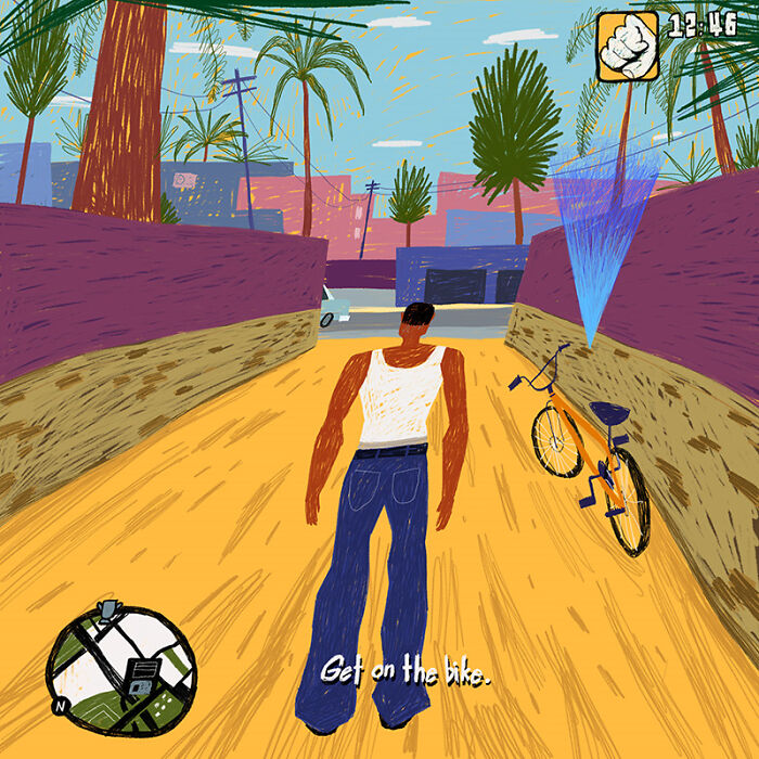 Nostalgic painting of GTA golden era gameplay with main character and a bike.