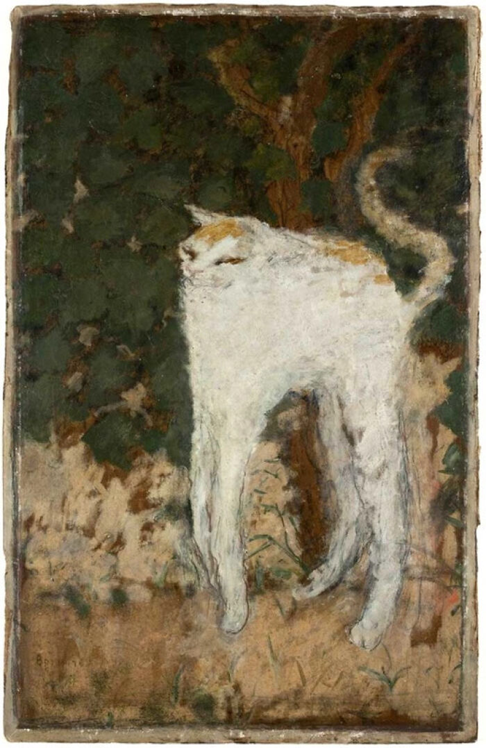 Strange famous painting of a stylized white cat with a long, arched tail, standing against a dark foliage background.