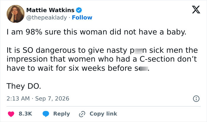 A tweet by Mattie Watkins discussing dangerous practices after recent childbirth, specifically regarding C-sections. A tweet by Mattie Watkins discussing dangerous practices after recent childbirth, specifically regarding C-sections.