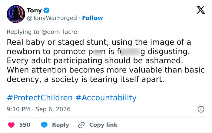 Screenshot of a tweet from Tony condemning Bonnie Blue's video using a newborn, highlighting dangerous practices and childbirth. Screenshot of a tweet from Tony condemning Bonnie Blue's video using a newborn, highlighting dangerous practices and childbirth.