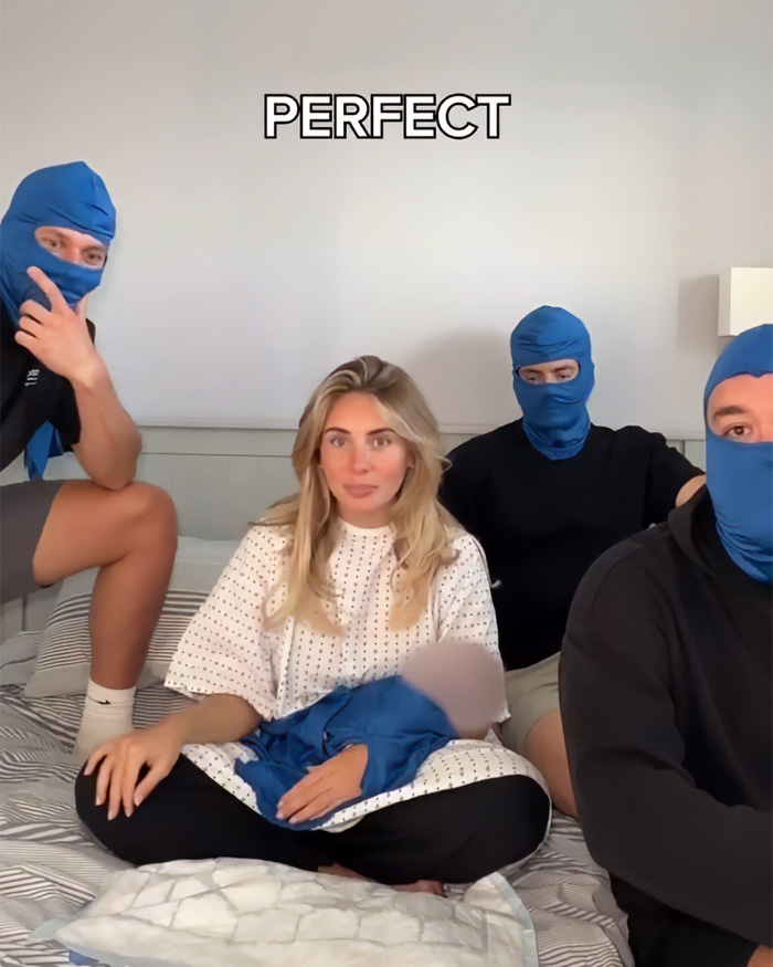 Bonnie Blue, with her newborn, sits among friends wearing blue masks, emphasizing dangerous childbirth practices. Bonnie Blue, with her newborn, sits among friends wearing blue masks, emphasizing dangerous childbirth practices.