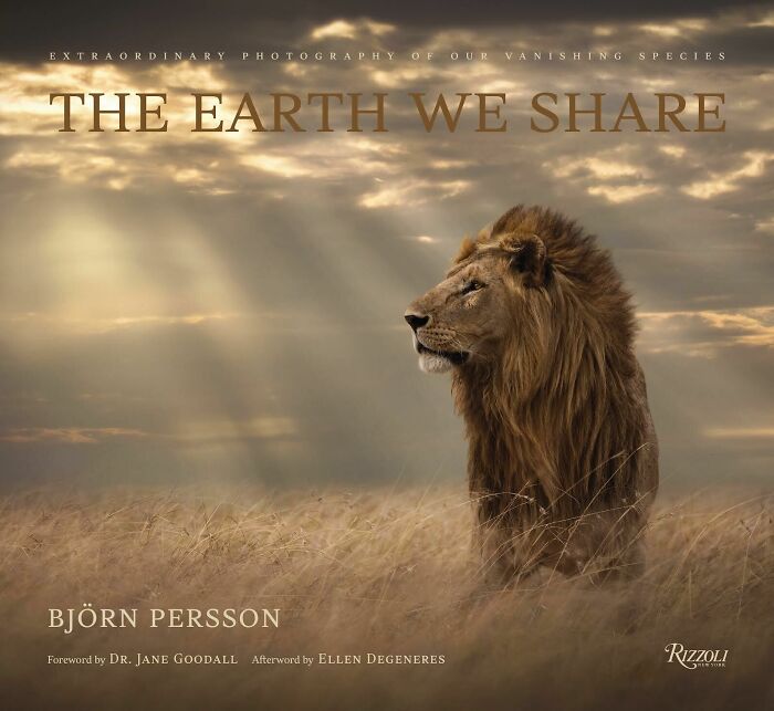 Book cover: The Earth We Share, featuring a majestic lion in a field at sunset, by Björn Persson.