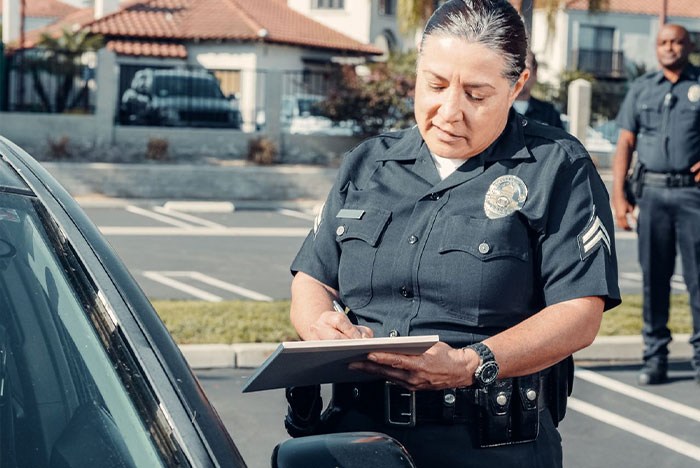 A police officer writing a report after a nanny finds an AirTag tracking device in her car